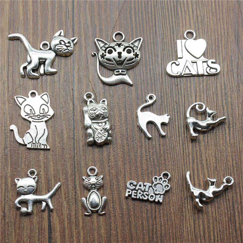 Vintage Collector - 10Pcs Charms Cat Antiek Zilver Kleur