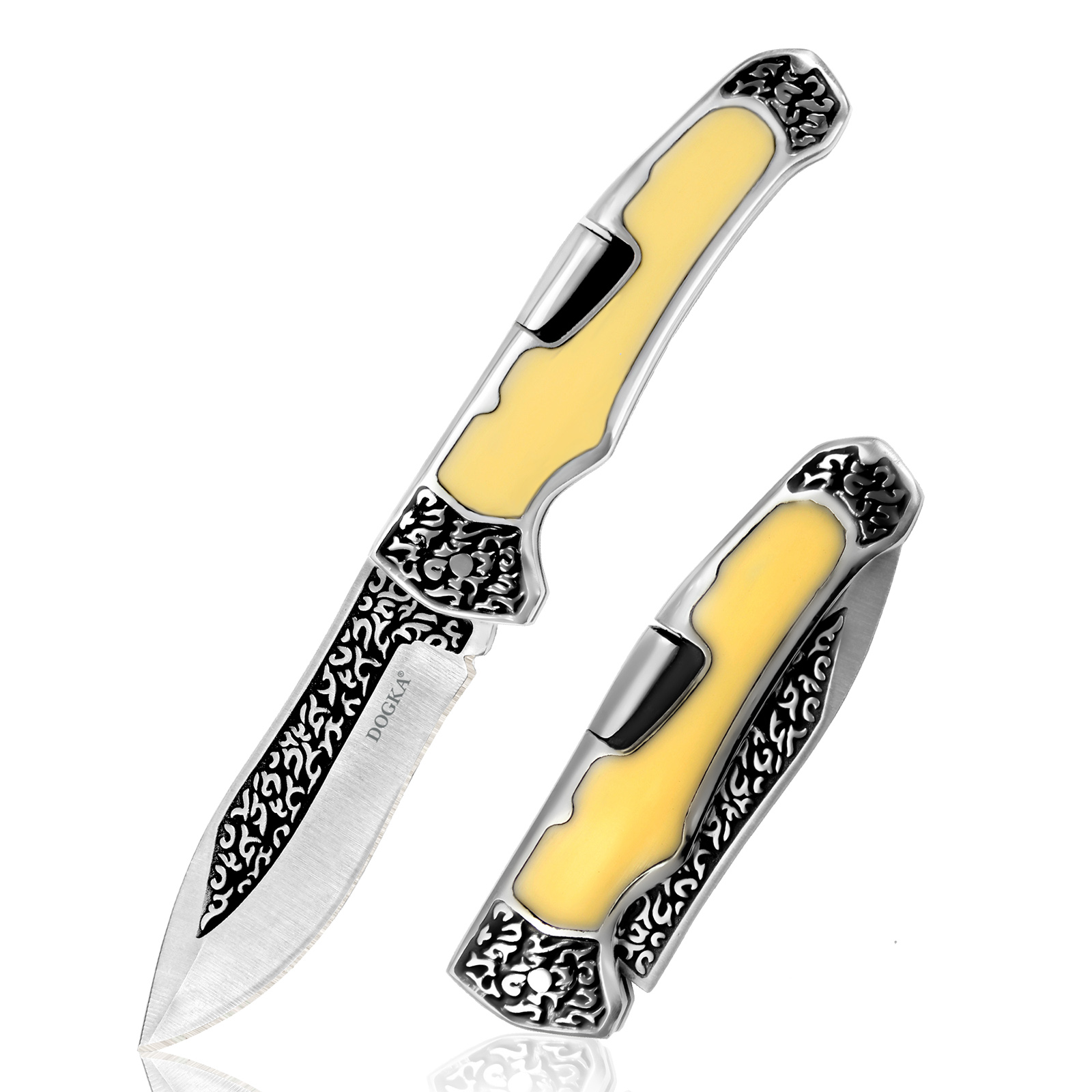 Vintage Collectible Pocket Knives - Vintage gegraveerd opvouwbaar zakgereedschap Gladde gele