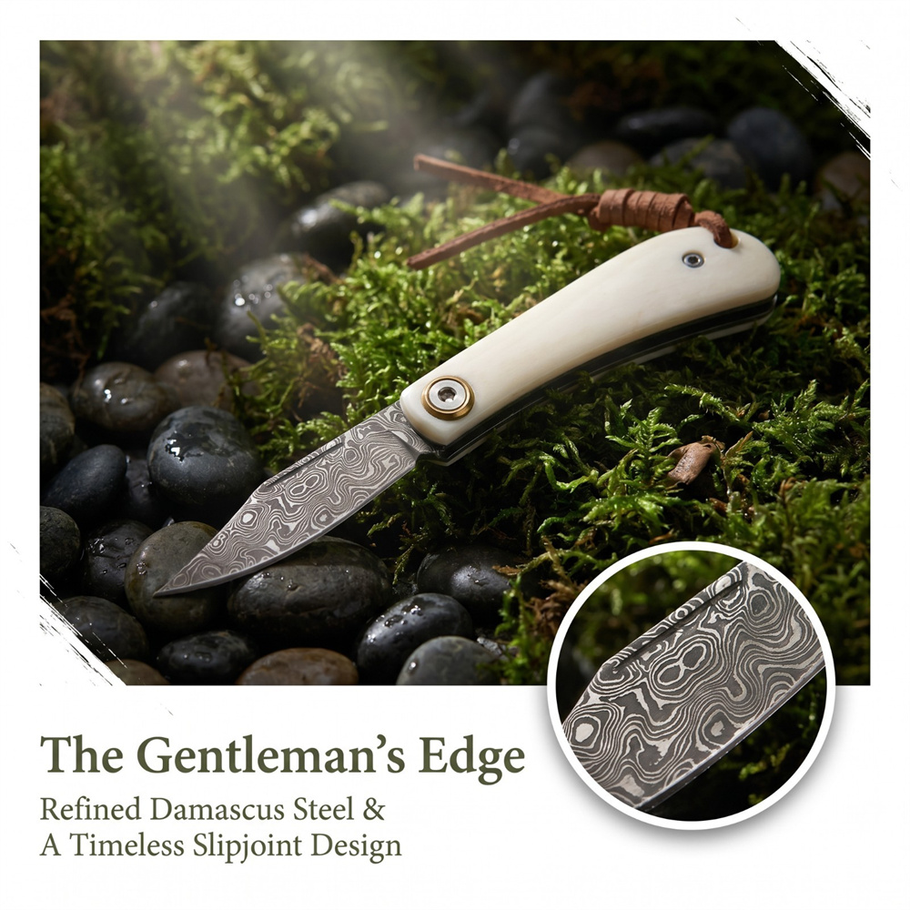Vintage Collectible Pocket Knives - Vintage Damascus vouwmes met ivoorbeenhouten handvat,